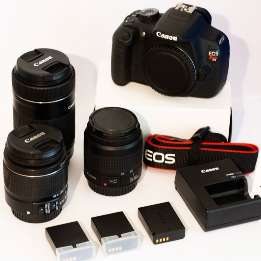 Canon EOS Rebel T5 with 3 lenses and accessories (see description).